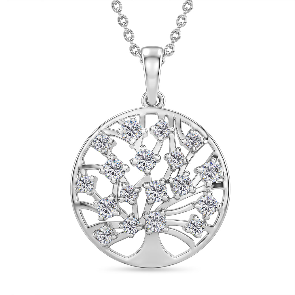 D'Joy - Moissanite Tree of Life Pendant with Chain (Size 20) in Platinum Overlay Sterling Silver_4471598