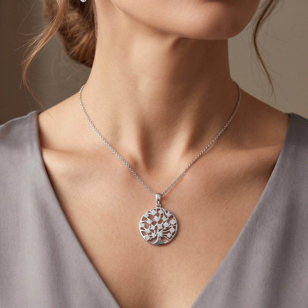 D'Joy - Moissanite Tree of Life Pendant with Chain (Size 20) in Platinum Overlay Sterling Silver_4471598_1