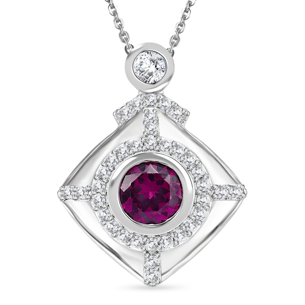 D'Joy - Natural Radiant Ember Garnet & White Zircon Geometric Halo Drop Pendant with Chain (Size 20) in Rhodium Overlay Sterling Silver 1.00 Ct._4471617