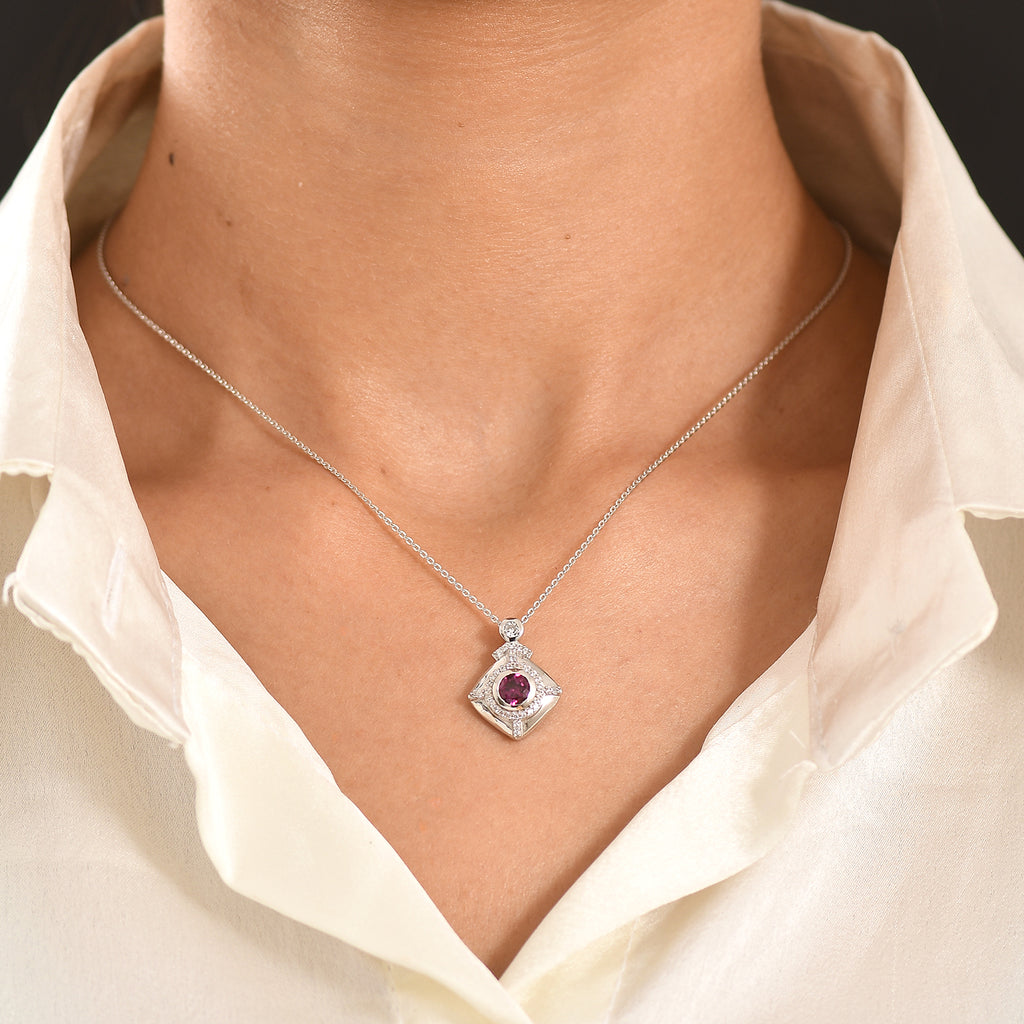 D'Joy - Natural Radiant Ember Garnet & White Zircon Geometric Halo Drop Pendant with Chain (Size 20) in Rhodium Overlay Sterling Silver 1.00 Ct._4471617_1