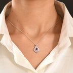 D'Joy - Natural Radiant Ember Garnet & White Zircon Geometric Halo Drop Pendant with Chain (Size 20) in Rhodium Overlay Sterling Silver 1.00 Ct._4471617_1
