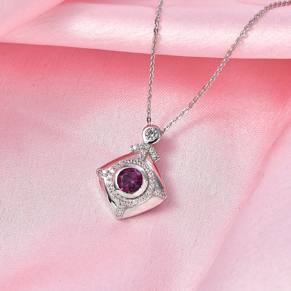 D'Joy - Natural Radiant Ember Garnet & White Zircon Geometric Halo Drop Pendant with Chain (Size 20) in Rhodium Overlay Sterling Silver 1.00 Ct._4471617_2