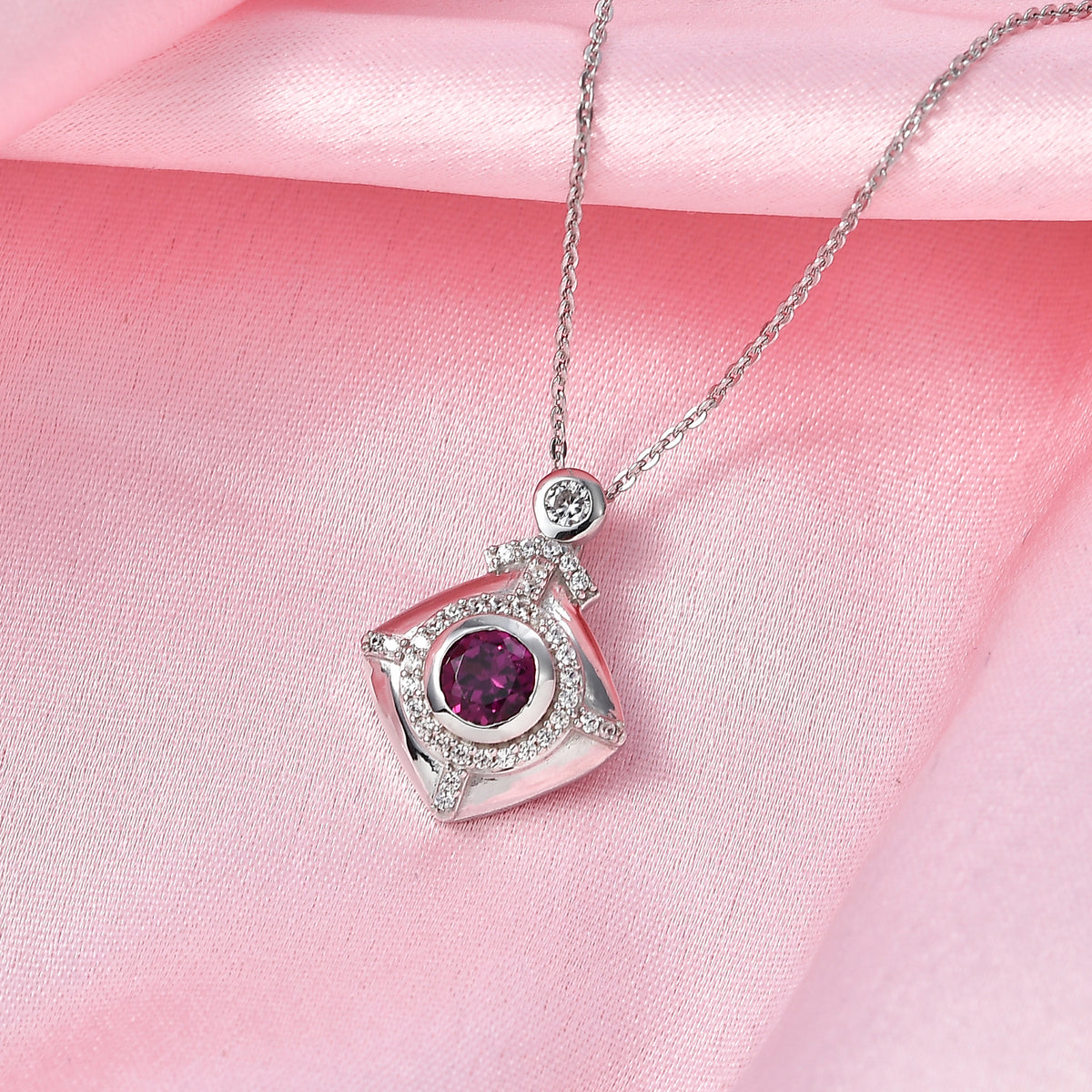 D'Joy - Natural Radiant Ember Garnet &amp; White Zircon Geometric Halo Drop Pendant with Chain (Size 20) in Rhodium Overlay Sterling Silver 1.00 Ct. V32518685 3