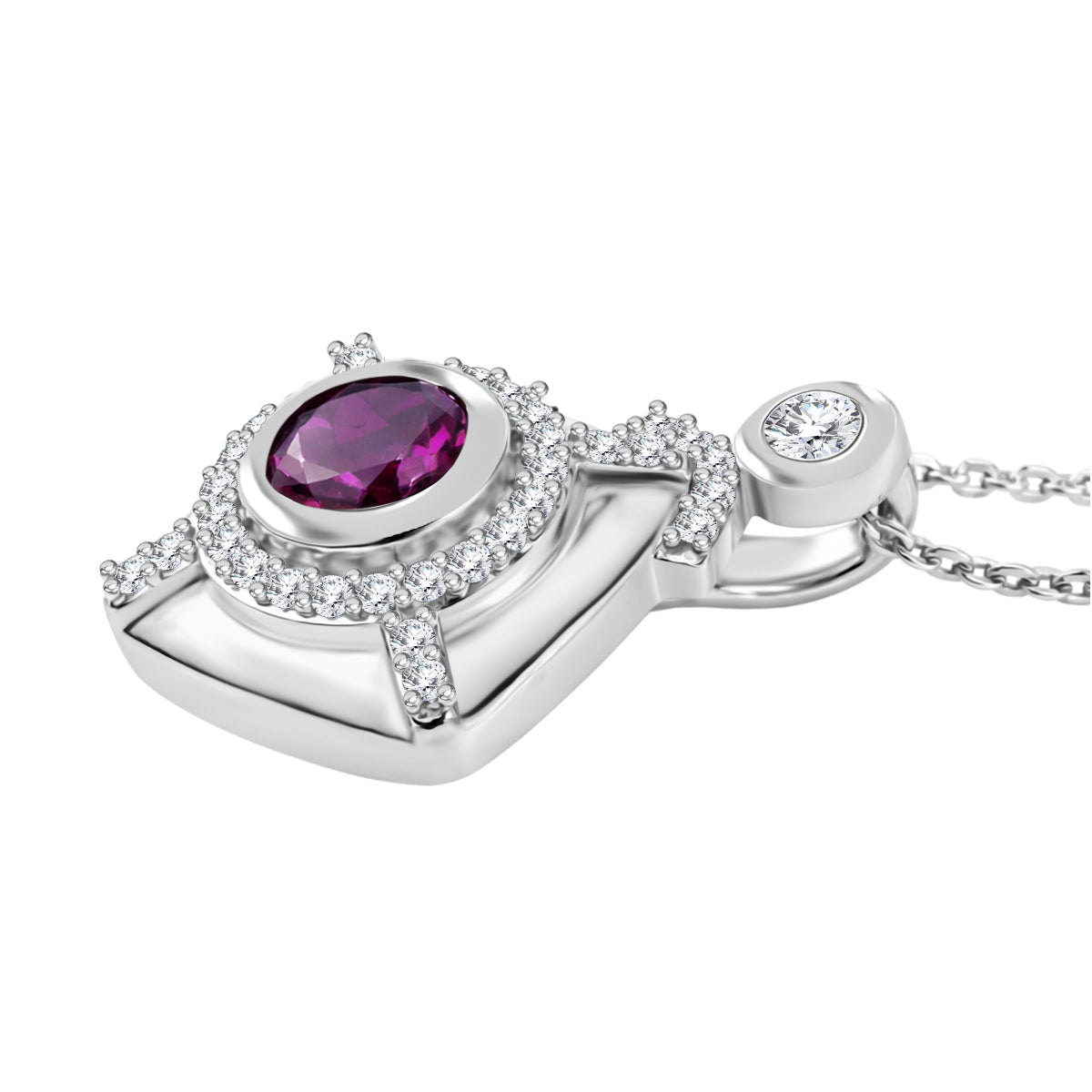 D'Joy - Natural Radiant Ember Garnet &amp; White Zircon Geometric Halo Drop Pendant with Chain (Size 20) in Rhodium Overlay Sterling Silver 1.00 Ct. V32518685 4