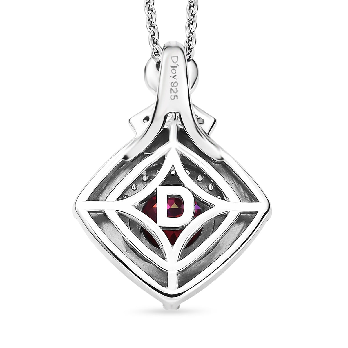 D'Joy - Natural Radiant Ember Garnet &amp; White Zircon Geometric Halo Drop Pendant with Chain (Size 20) in Rhodium Overlay Sterling Silver 1.00 Ct. V32518685 5