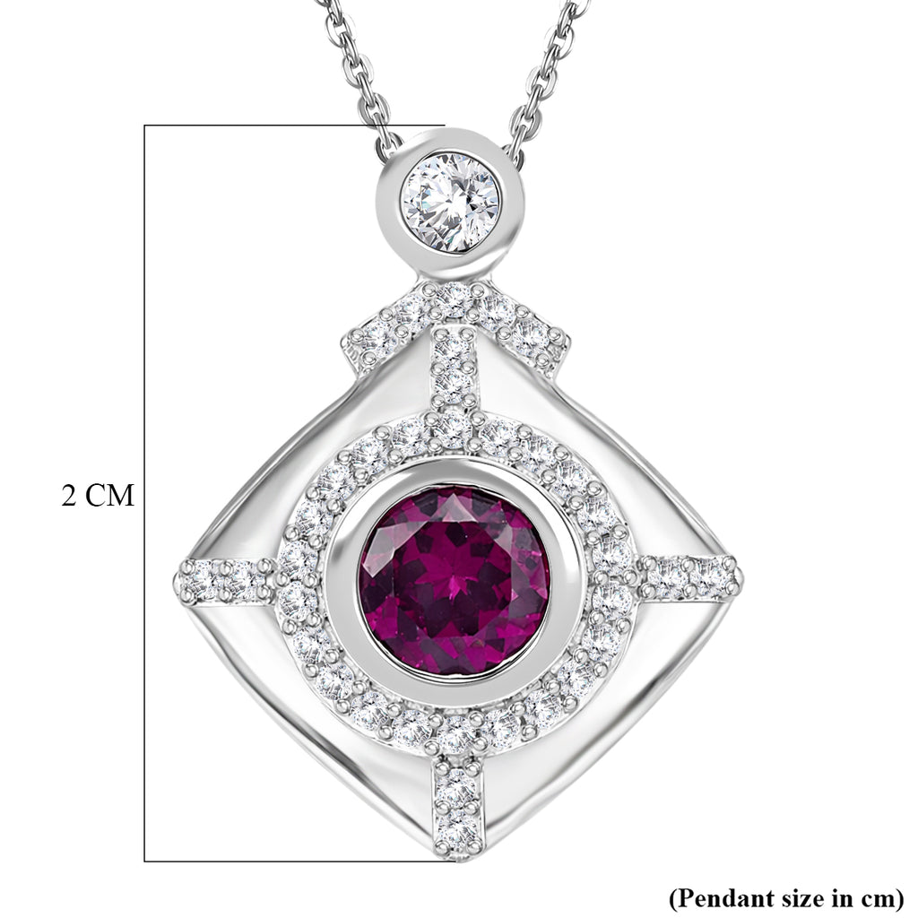 D'Joy - Natural Radiant Ember Garnet & White Zircon Geometric Halo Drop Pendant with Chain (Size 20) in Rhodium Overlay Sterling Silver 1.00 Ct._4471617_5