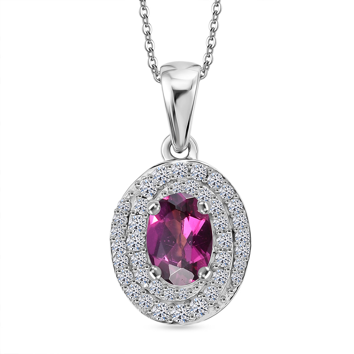 Luxuriant - Natural Radiant Ember Garnet &amp; Lab Grown Diamond (SI/G-H) Halo Pendant with Chain (Size 20) in Rhodium Overlay Sterling Silver 1.26 Ct. V32515219 0
