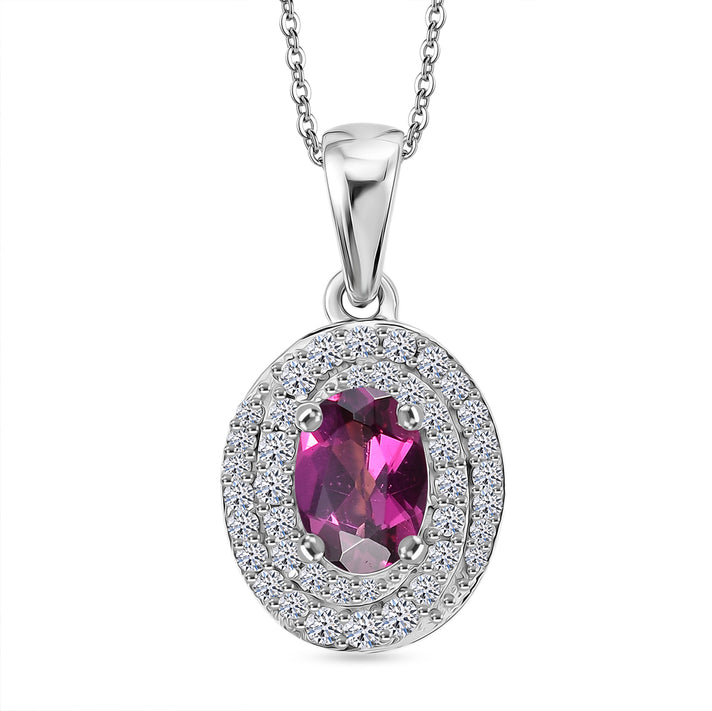 Luxuriant - Natural Radiant Ember Garnet &amp; Lab Grown Diamond (SI/G-H) Halo Pendant with Chain (Size 20) in Rhodium Overlay Sterling Silver 1.26 Ct. 4471619 1