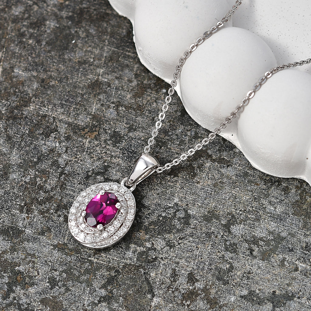 Luxuriant - Natural Radiant Ember Garnet & Lab Grown Diamond (SI/G-H) Halo Pendant with Chain (Size 20) in Rhodium Overlay Sterling Silver 1.26 Ct._4471619_2