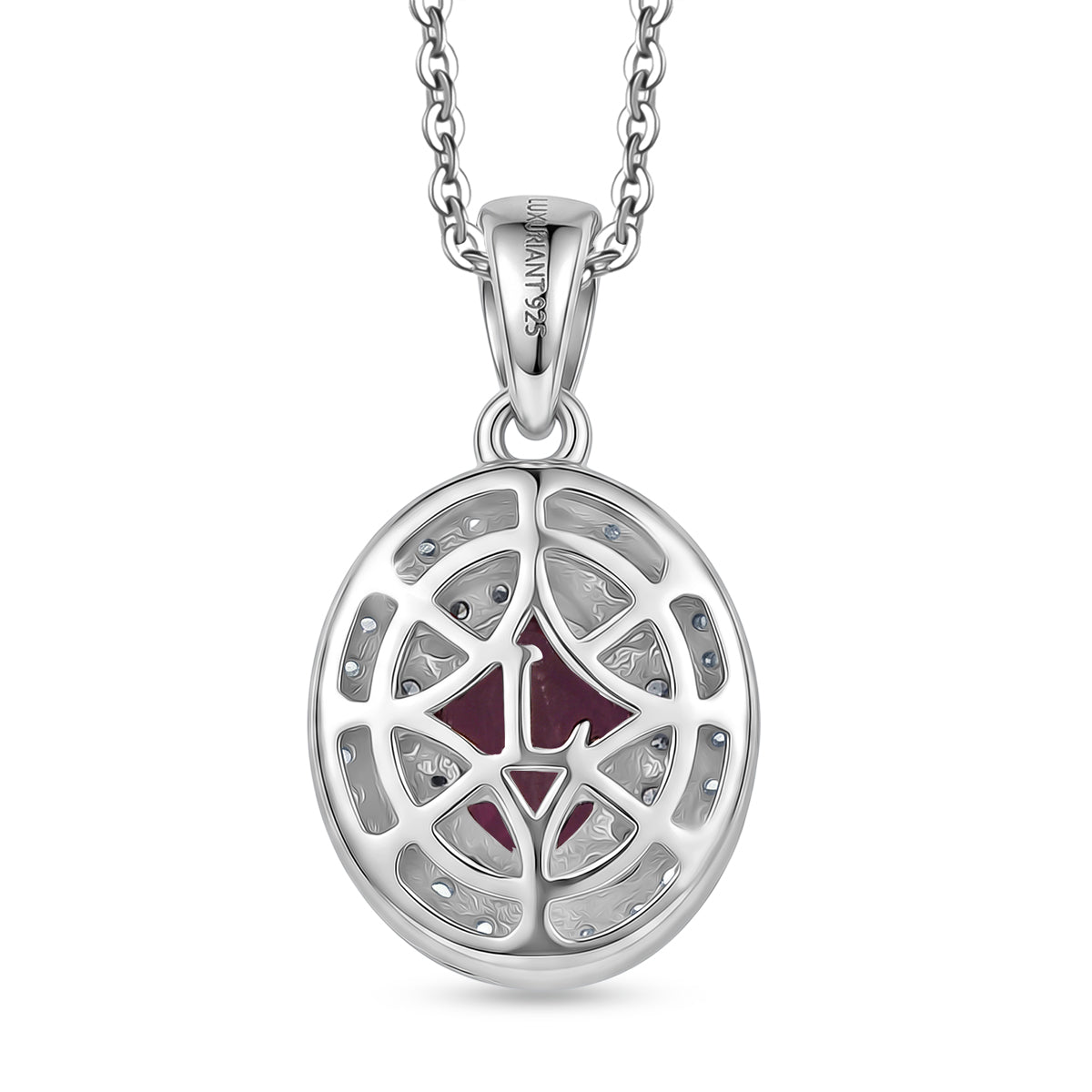Luxuriant - Natural Radiant Ember Garnet &amp; Lab Grown Diamond (SI/G-H) Halo Pendant with Chain (Size 20) in Rhodium Overlay Sterling Silver 1.26 Ct. V32515219 5