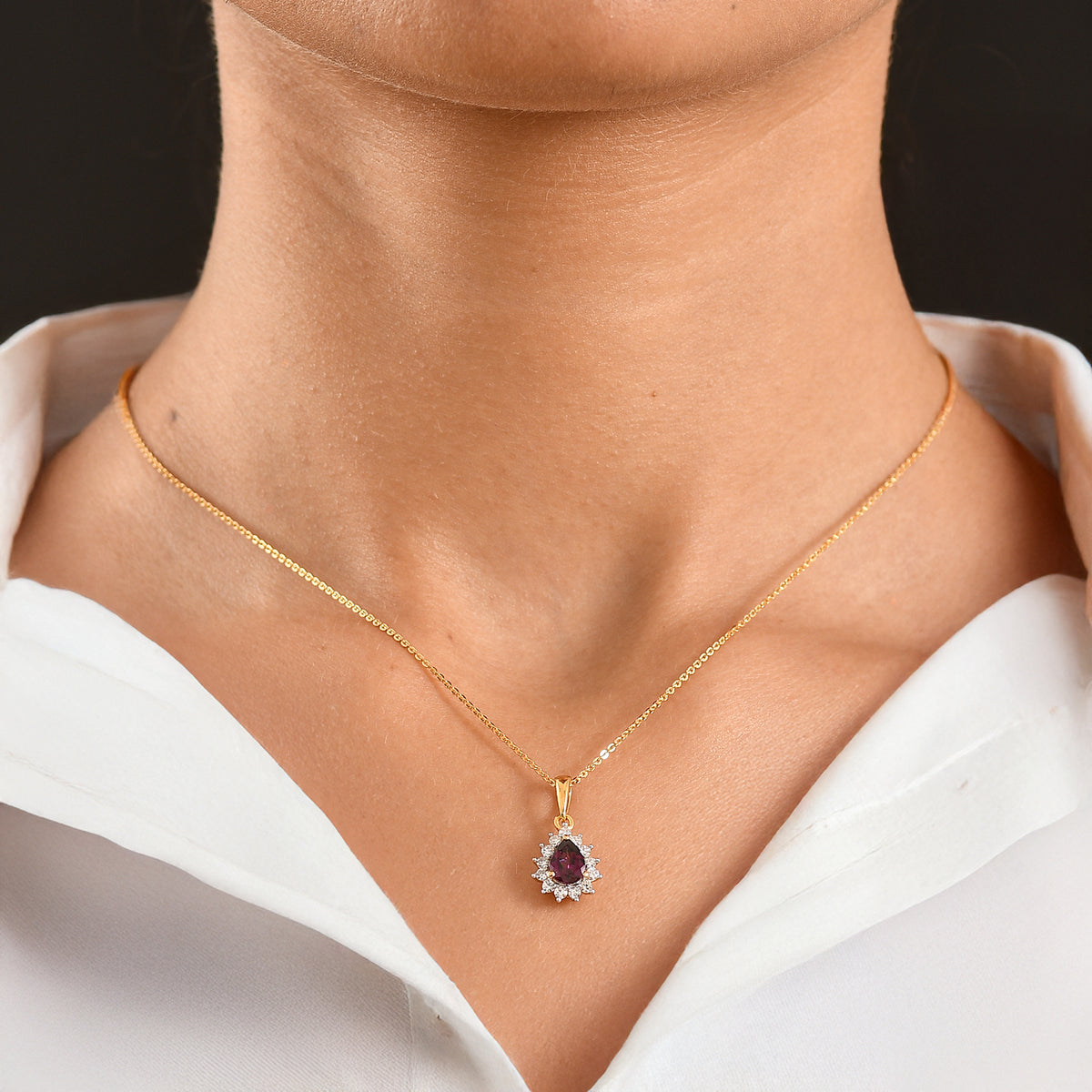 Luxuriant - AAA Purple Garnet &amp; Lab Grown Diamond (SI/G-H) Halo Pendant with Chain (Size 20) in 18K Vermeil Yellow Gold Plated Sterling Silver 1.05 Ct. 4471623 2