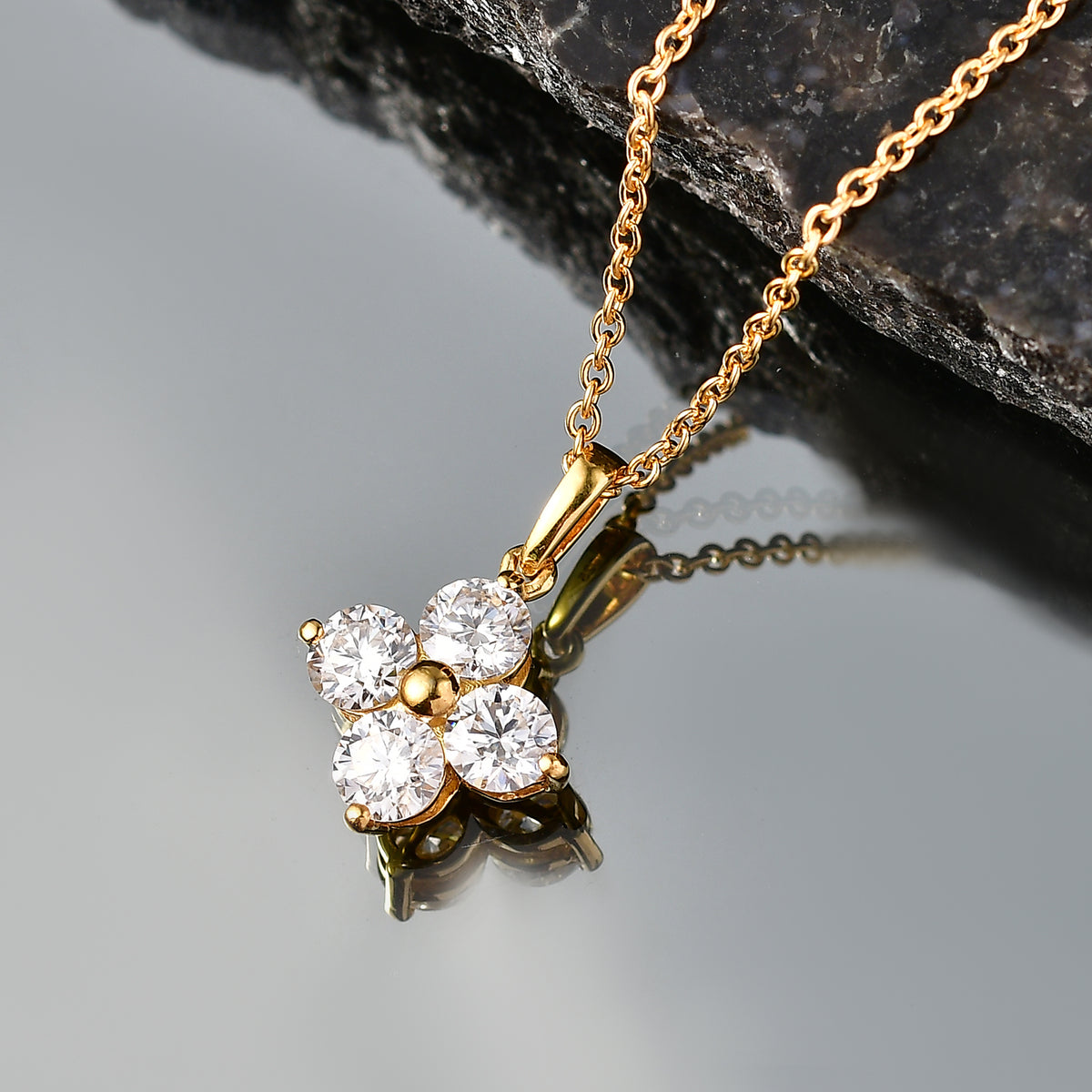 D'Joy - Moissanite Floral Pendant in Yellow Gold Plated Sterling Silver with Chain (Size 20) 1.80 Ct. V32537908 3