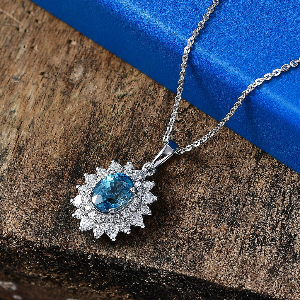 Blue Zircon,  Moissanite Pendant with Torn Chain 19DC (Size 20) in Rhodium Overlay Sterling Silver 0.82 ct  2.470  Ct._4472623_1