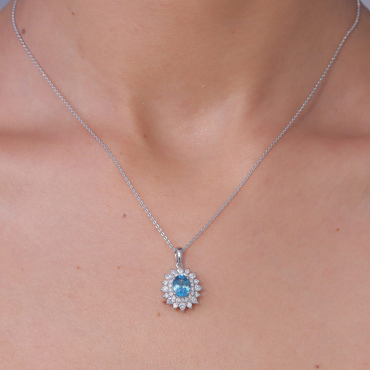 Certified and Appraised Blue Zircon,  Moissanite Pendant with Torn Chain 19DC (Size 20) in Rhodium Overlay Sterling Silver 0.82 ct  2.470  Ct. 4472623 2