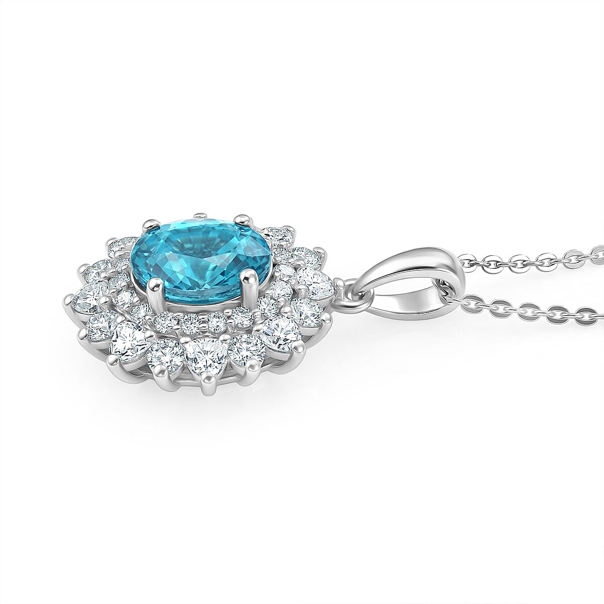 Certified and Appraised Blue Zircon,  Moissanite Pendant with Torn Chain 19DC (Size 20) in Rhodium Overlay Sterling Silver 0.82 ct  2.470  Ct. 4472623 3