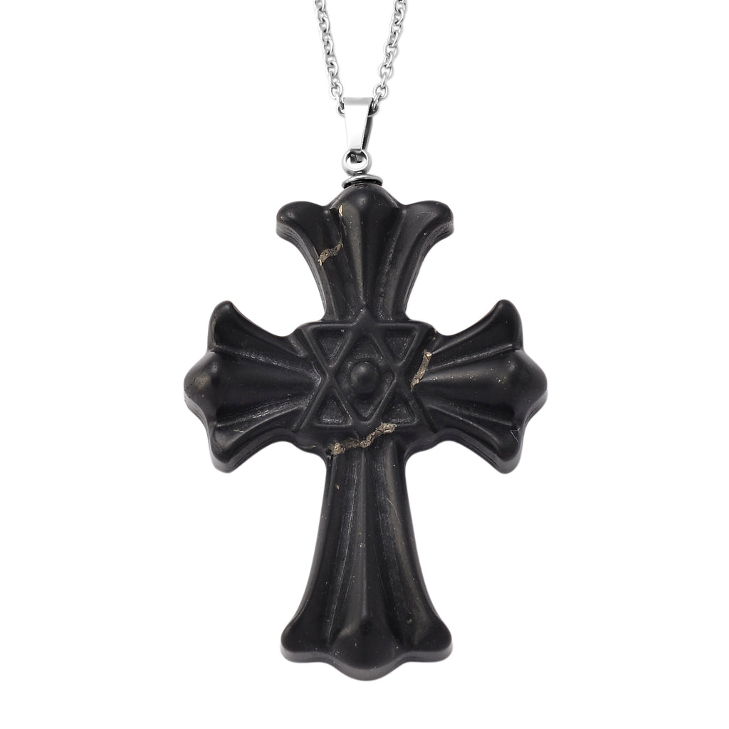 Natural Shungite Cross Pendant with Chain (Size 20) in Silver Tone 50.00 Ct._4472987