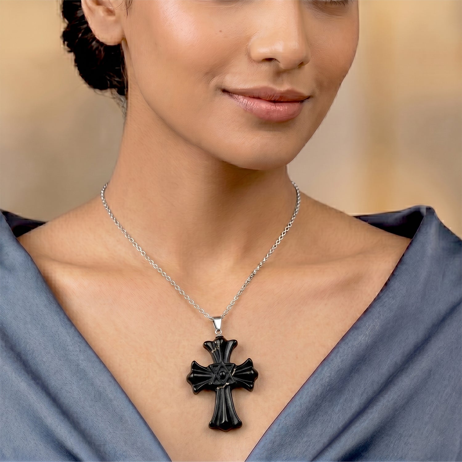 Natural Shungite Cross Pendant with Chain (Size 20) in Silver Tone 50.00 Ct. 4472987 2