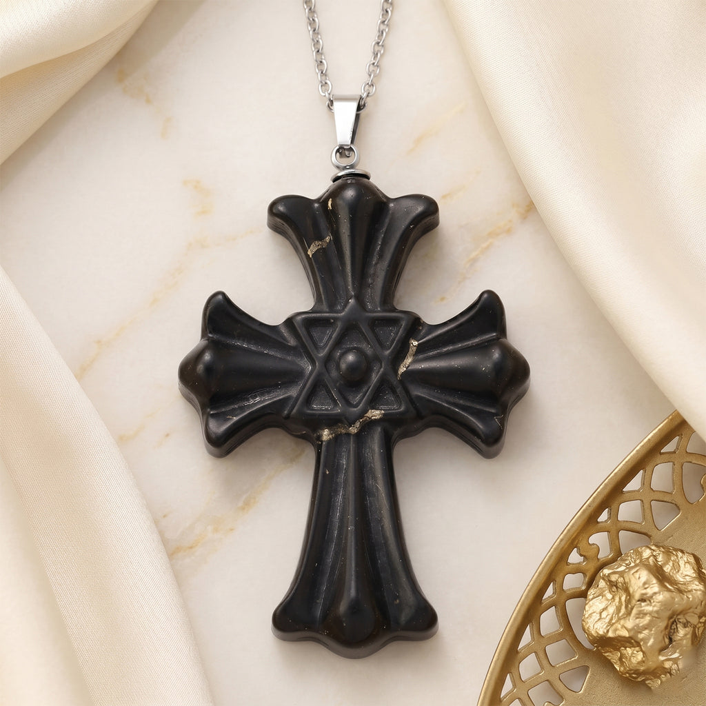 Natural Shungite Cross Pendant with Chain (Size 20) in Silver Tone 50.00 Ct._4472987_2