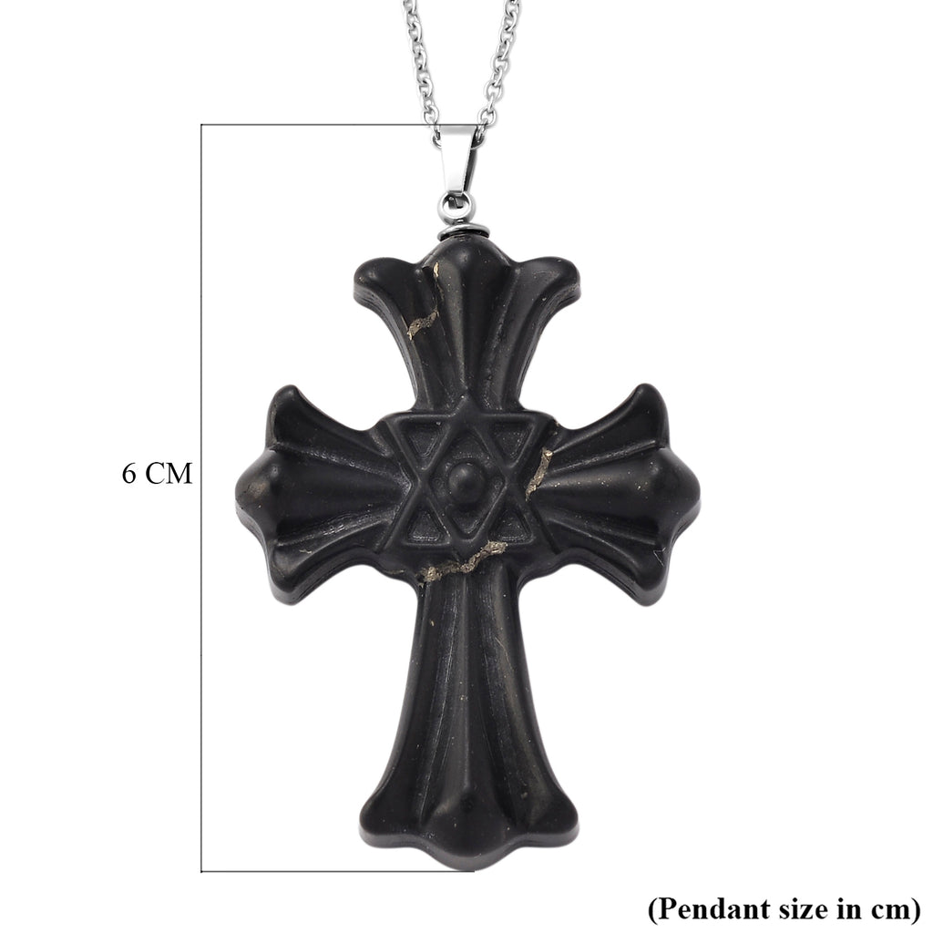 Natural Shungite Cross Pendant with Chain (Size 20) in Silver Tone 50.00 Ct._4472987_6