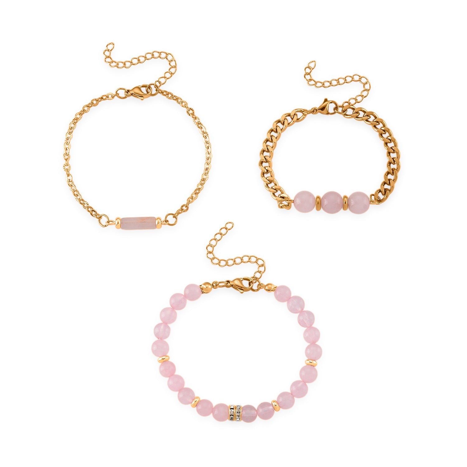 Set of 3 - Rose Quartz Beads Adjustable Bracelet (Size - 7-2 Ext) 50.00 Ct. V32355235 0