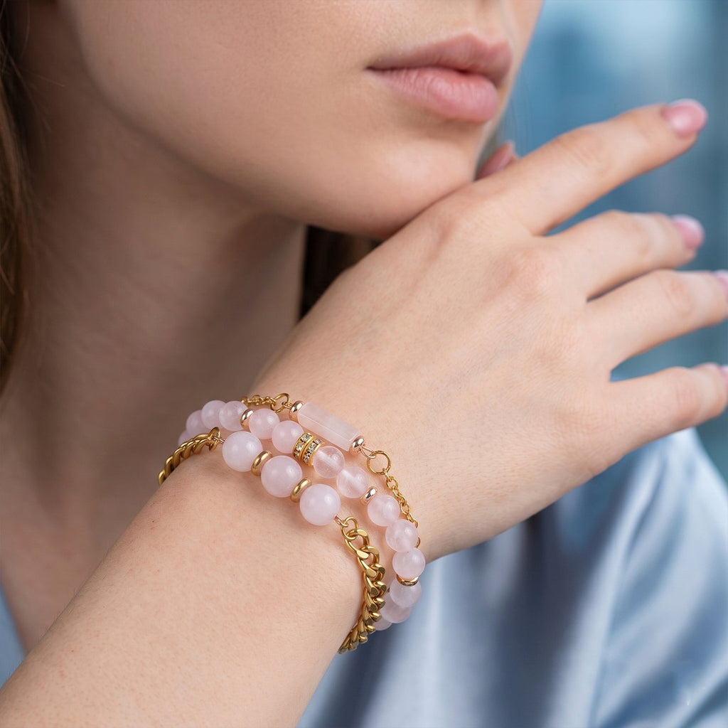 Set of 3 - Rose Quartz Beads Adjustable Bracelet (Size - 7-2 Ext) 50.00 Ct.