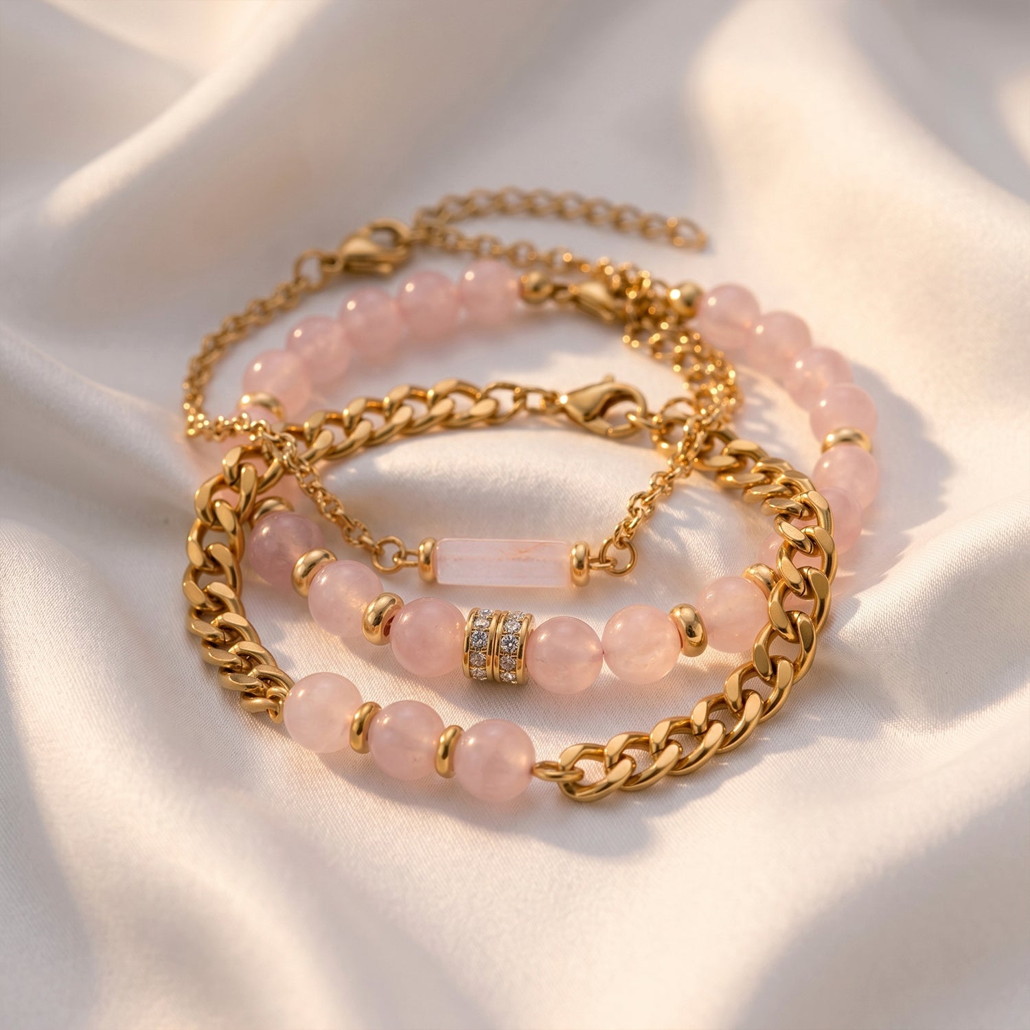 Set of 3 - Rose Quartz Beads Adjustable Bracelet (Size - 7-2 Ext) 50.00 Ct. V32355235 3