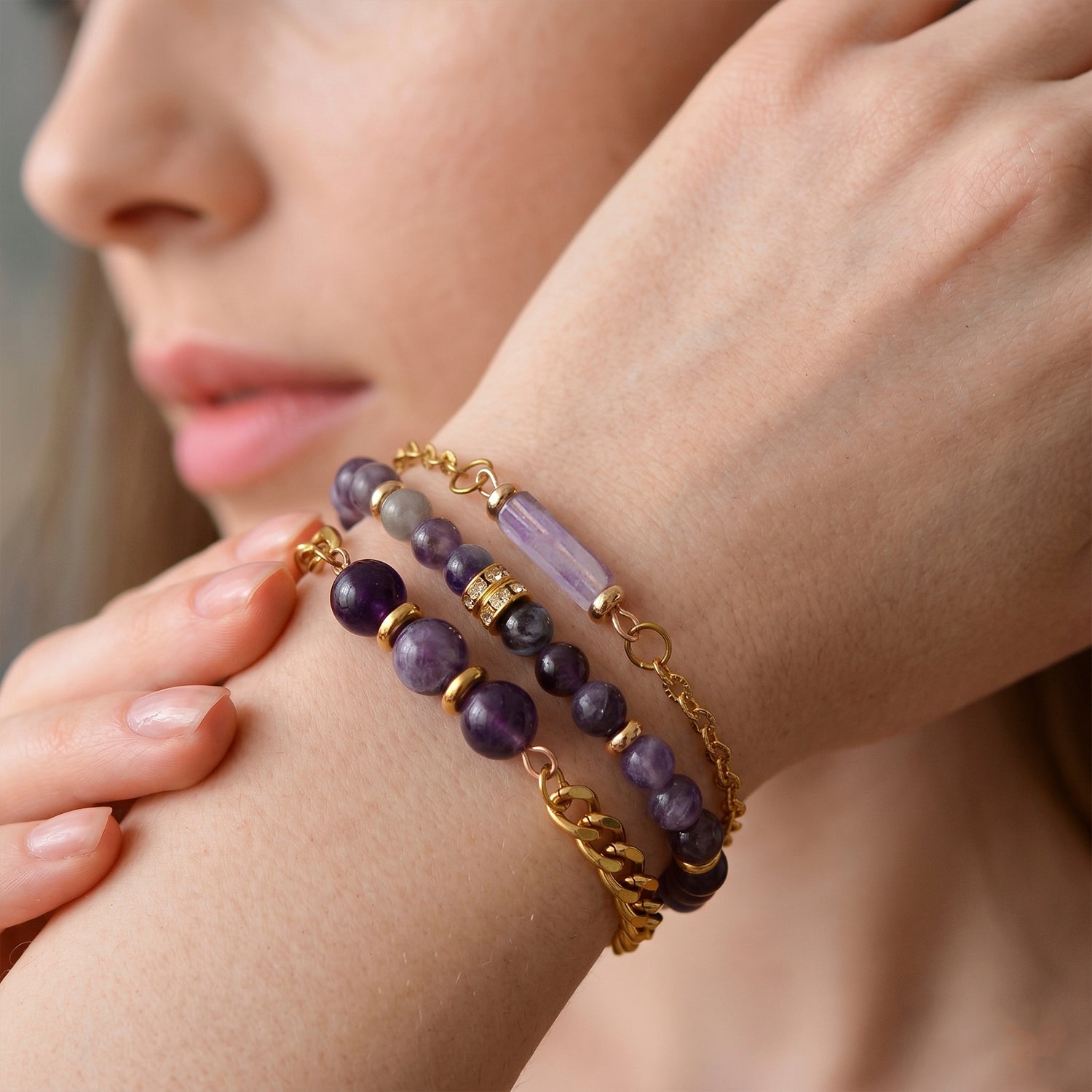 Set of 3 - African Amethyst Beads Adjustable Bracelet (Size - 7-2 Ext) 50.00 Ct. V32361633 2