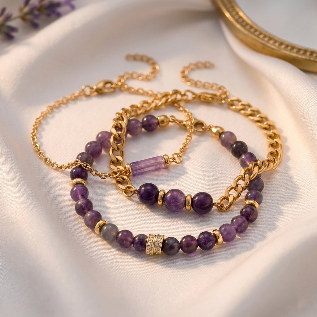Set of 3 - African Amethyst Beads Adjustable Bracelet (Size - 7-2 Ext) 50.00 Ct.