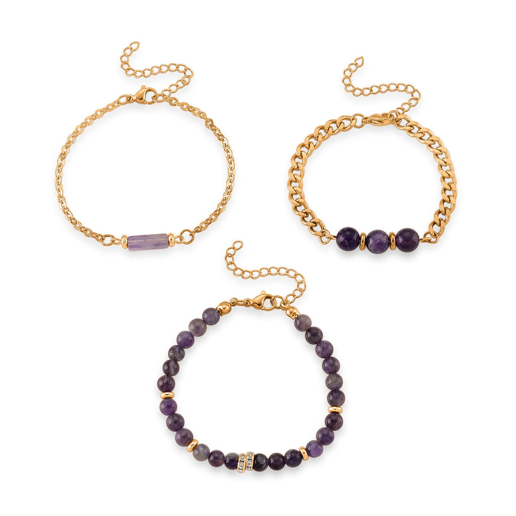 Set of 3 - African Amethyst Beads Adjustable Bracelet (Size - 7-2 Ext) 50.00 Ct.