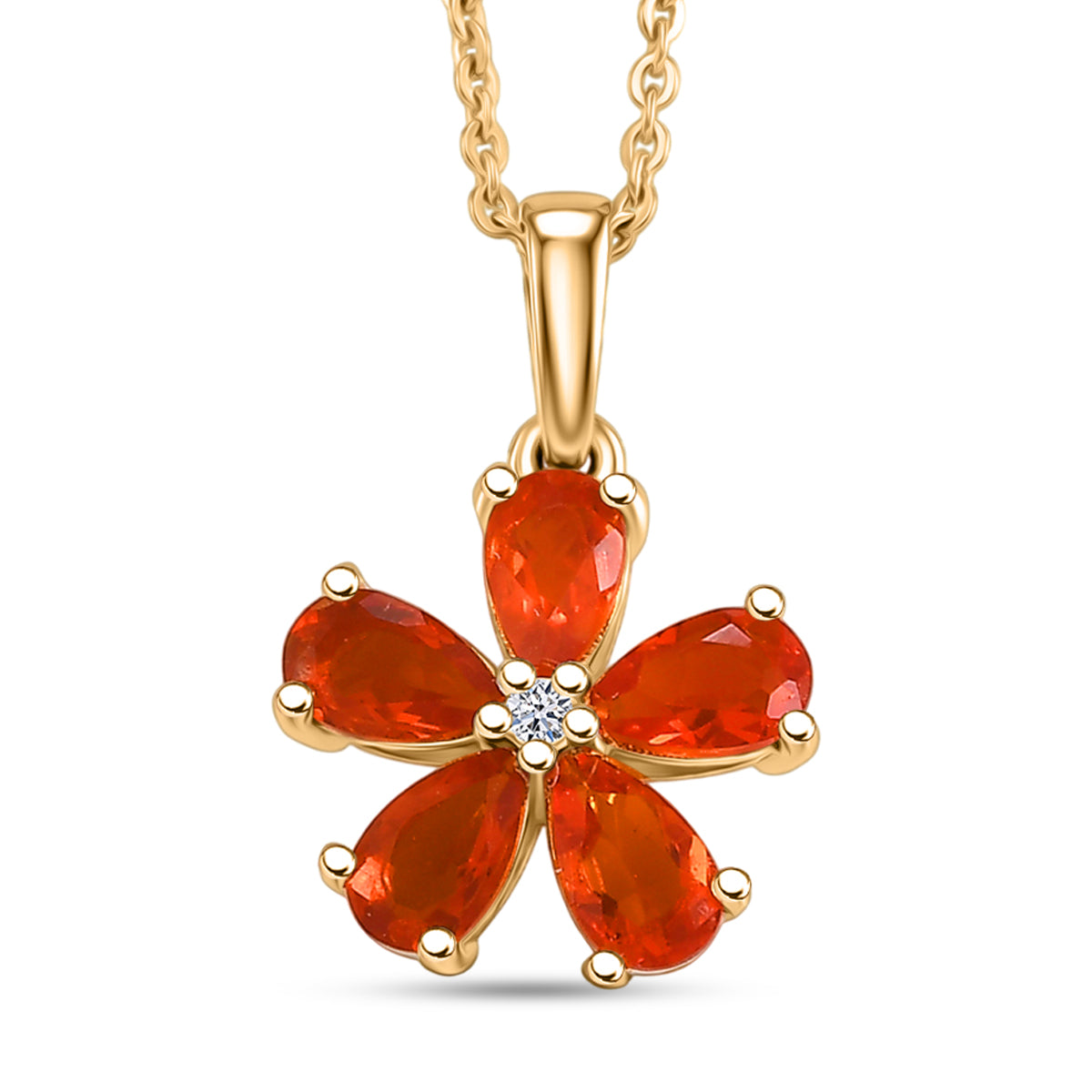 Luxuriant - Natural Crimson Fire Opal &amp; Lab Grown Diamond (SI-G-H) Floral Pendant with Chain (Size 20) in Yellow Gold Plated Sterling Silver 0.70 Ct. 4473443 0