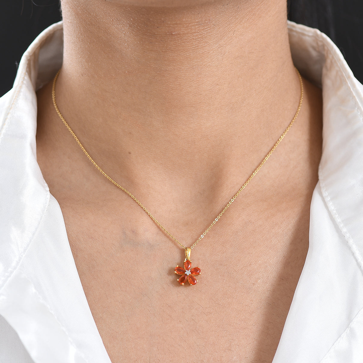 Luxuriant - Natural Crimson Fire Opal &amp; Lab Grown Diamond (SI-G-H) Floral Pendant with Chain (Size 20) in Yellow Gold Plated Sterling Silver 0.70 Ct. 4473443 2