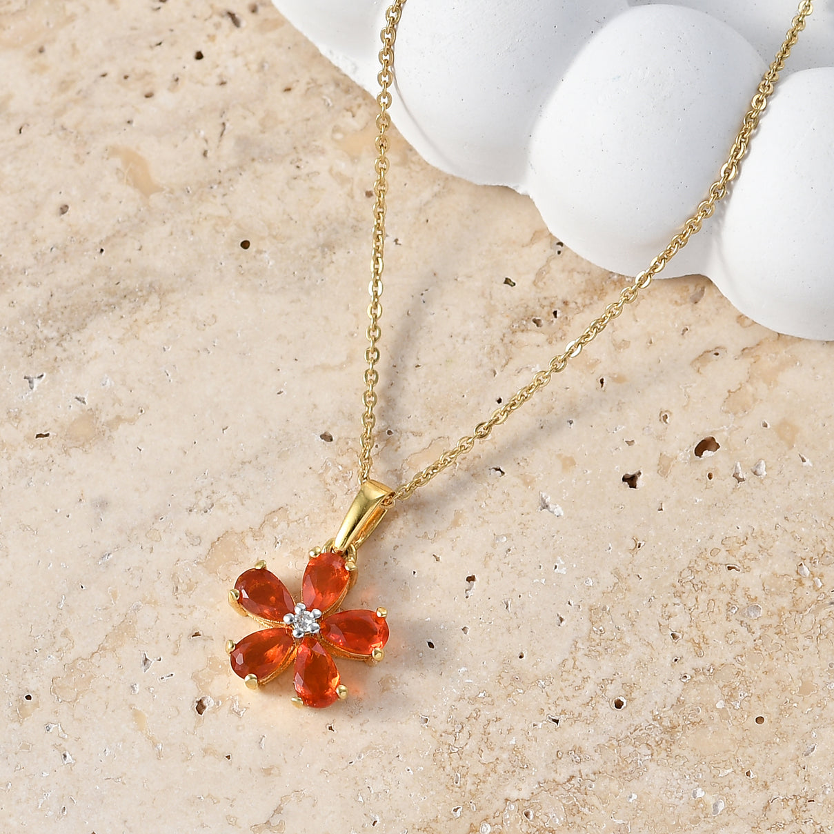 Luxuriant - Natural Crimson Fire Opal &amp; Lab Grown Diamond (SI-G-H) Floral Pendant with Chain (Size 20) in Yellow Gold Plated Sterling Silver 0.70 Ct. 4473443 3