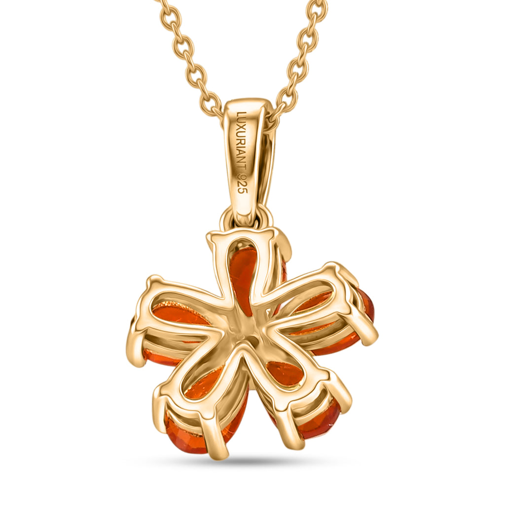 Luxuriant - Natural Crimson Fire Opal & Lab Grown Diamond (SI/G-H) Floral Pendant with Chain (Size 20) in Yellow Gold Plated Sterling Silver 0.70 Ct._4473443_4