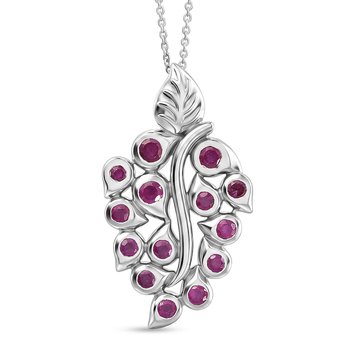 GP - African Ruby &amp; Blue Sapphire Leaf Vine Pendant with Chain (Size 20) in Rhodium Overlay Sterling Silver 1.61 Ct. 4473547 1