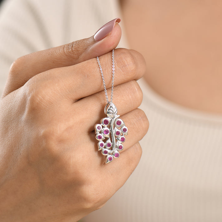 GP - African Ruby &amp; Blue Sapphire Leaf Vine Pendant with Chain (Size 20) in Rhodium Overlay Sterling Silver 1.61 Ct. 4473547 2