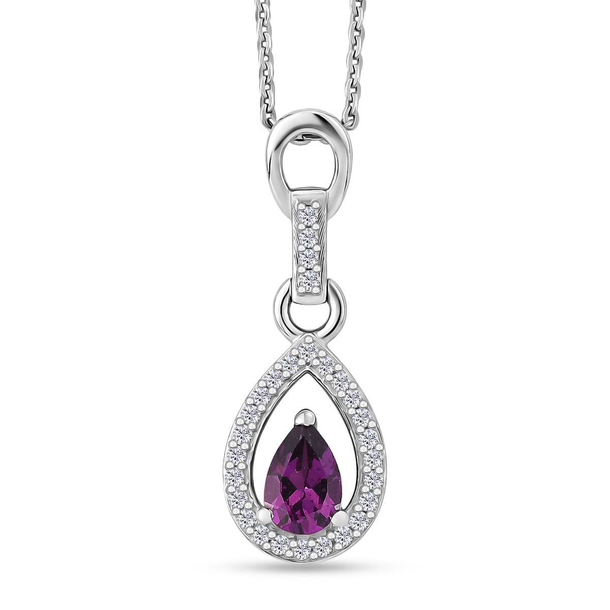 D'Joy - Radiant Ember Garnet &amp; White Zircon Pendant with Chain (Size 20) in Rhodium Overlay Sterling Silver 4473580 0
