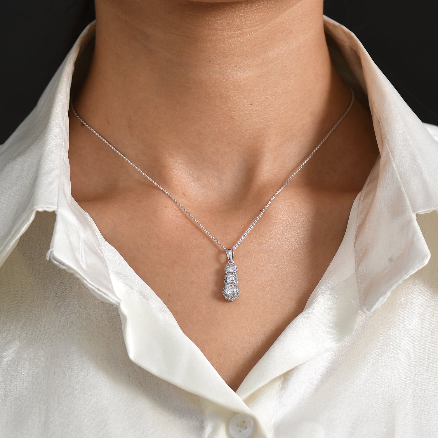 Luxuriant Lab Grown Diamond (SI-G-H) Three-Stone Drop Pendant with chain (size - 20) in Rhodium Overlay Sterling SilverÂ  4473656 2
