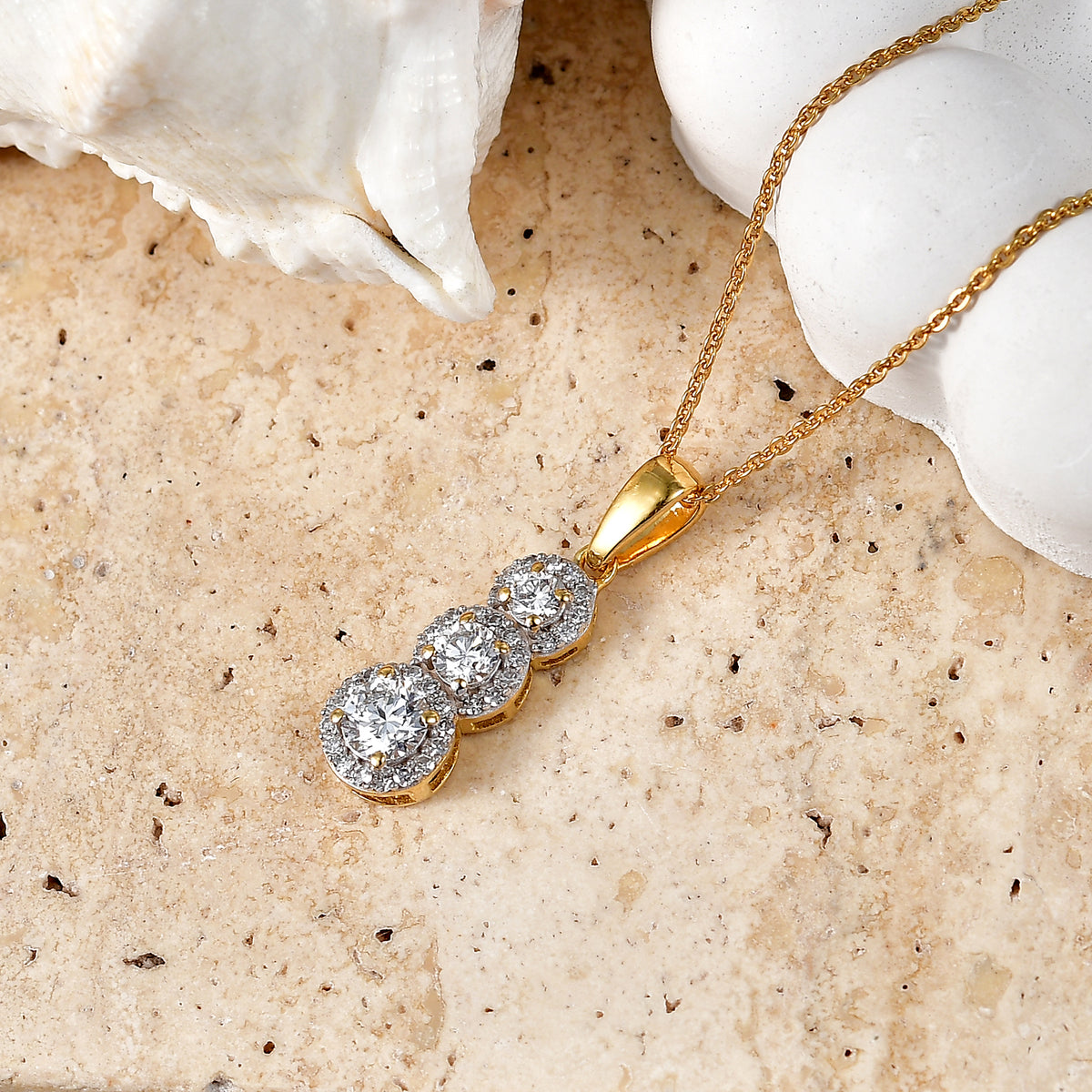 Luxuriant Lab Grown Diamond (SI-G-H) Three-Stone Drop Pendant with chain (size - 20) in 18K Vermeil Yellow Gold Plated Sterling Silver 4473658 3
