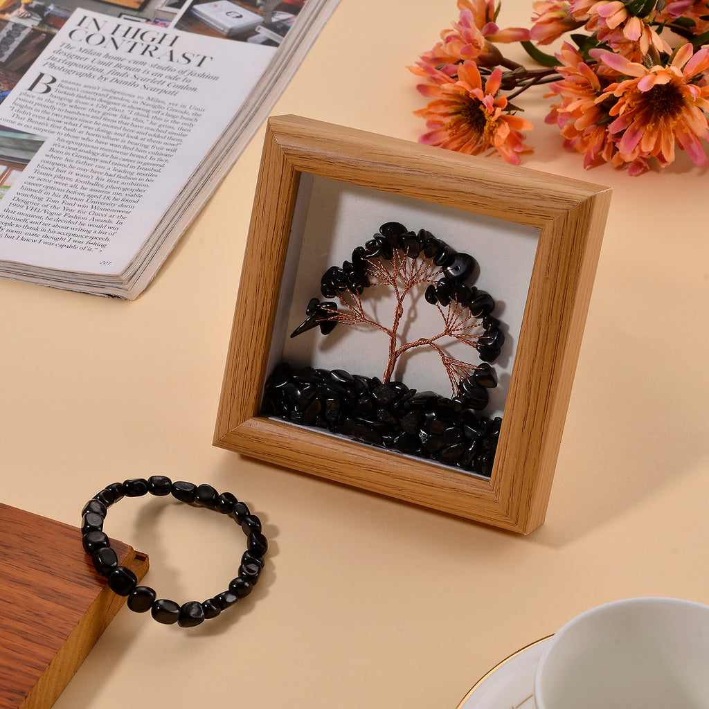 Set of 2 - Natural Shungite Stretchable Bracelet (Size - 7) & Life of Tree Photo Frame 300.00 Ct._4473931_1