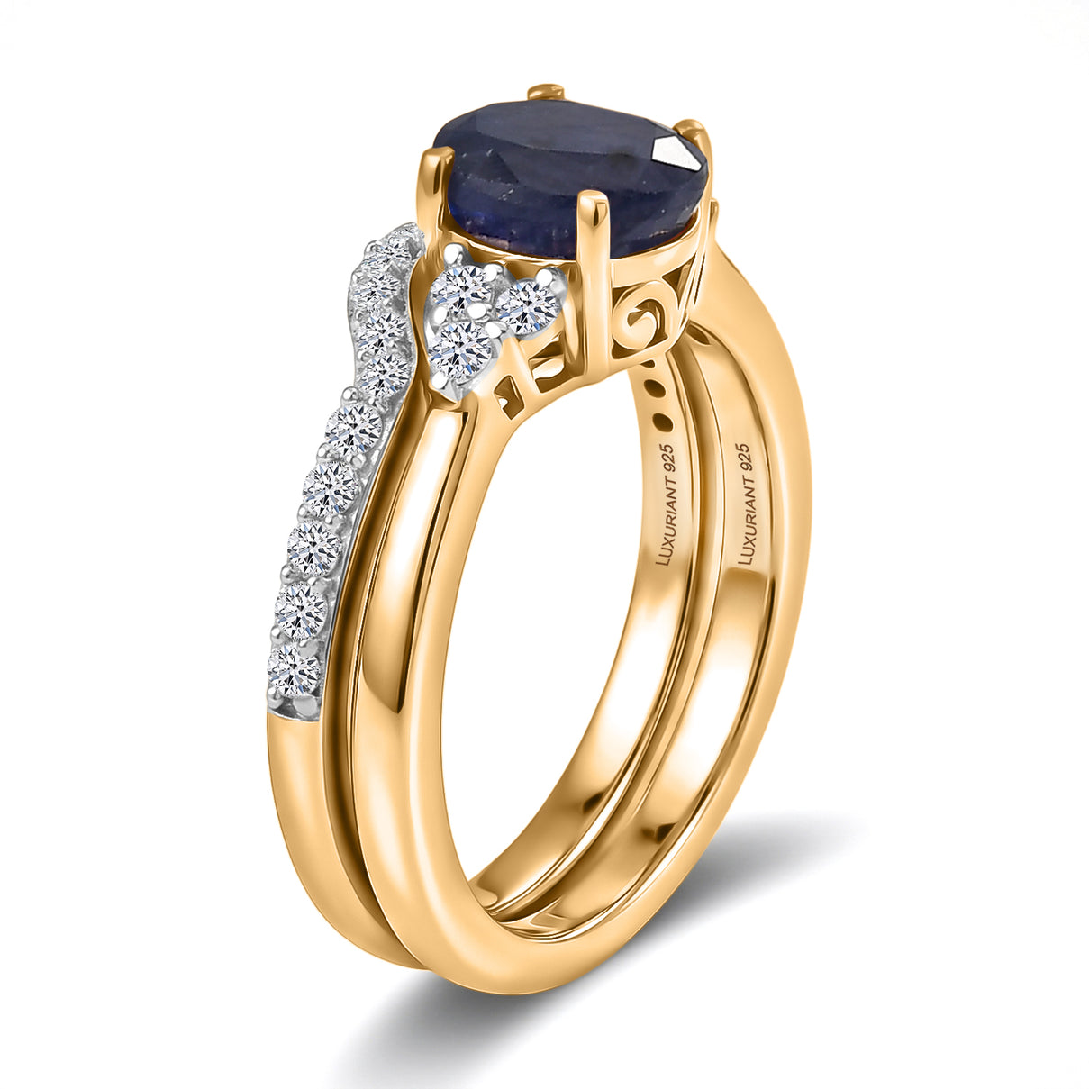 Set of 2 - Luxuriant Masoala Sapphire &amp; Lab Grown Diamond (SI-G-H) Ring in 18K Vermeil Yellow Gold Plated Sterling Silver 2.50 Ct. 4475102 4