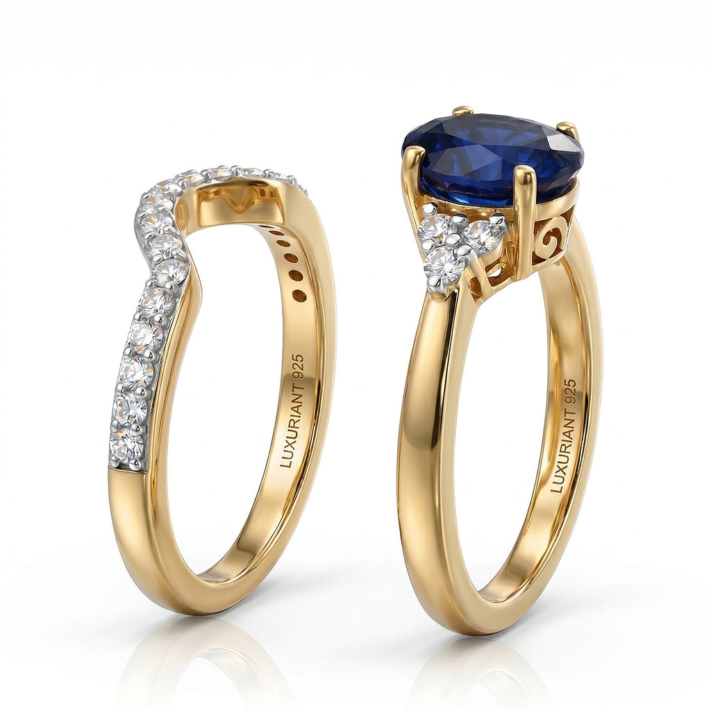 Set of 2 - Luxuriant Masoala Sapphire & Lab Grown Diamond (SI/G-H) Ring in 18K Vermeil Yellow Gold Plated Sterling Silver 2.50 Ct._4475104_3