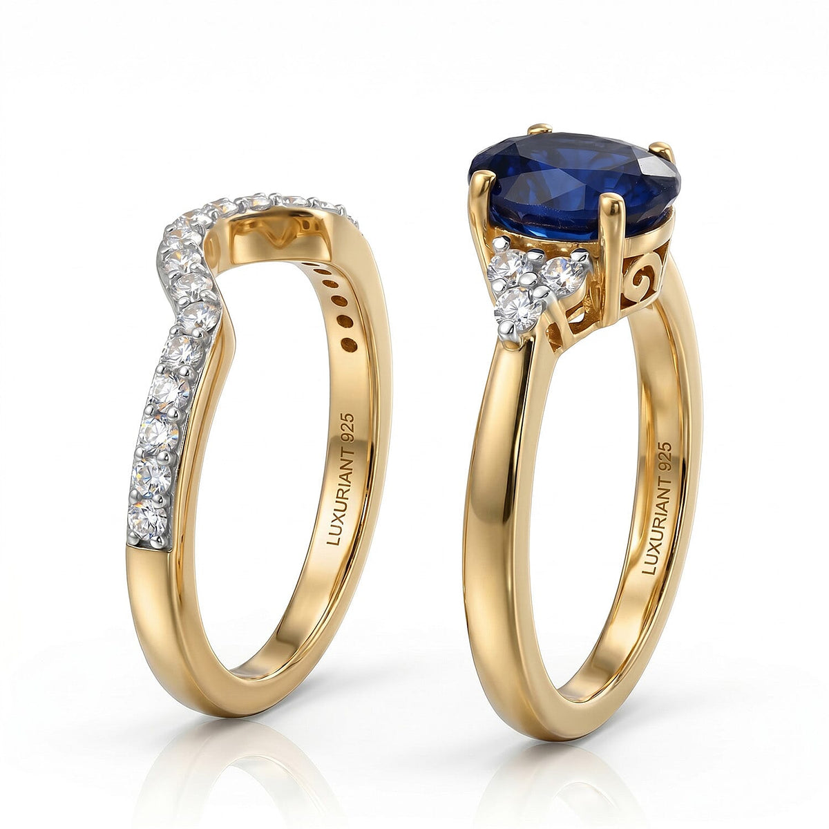 Set of 2 - Luxuriant Masoala Sapphire &amp; Lab Grown Diamond (SI/G-H) Ring in 18K Vermeil Yellow Gold Plated Sterling Silver 2.50 Ct. 4475104 4