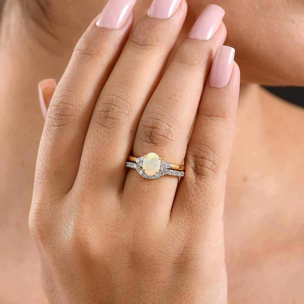 Set of 2 - Luxuriant Ethiopian Opal & Lab Grown Diamond (SI/G-H) Ring in 18K Vermeil Yellow Gold Plated Sterling Silver 1.25 Ct._4475131_1
