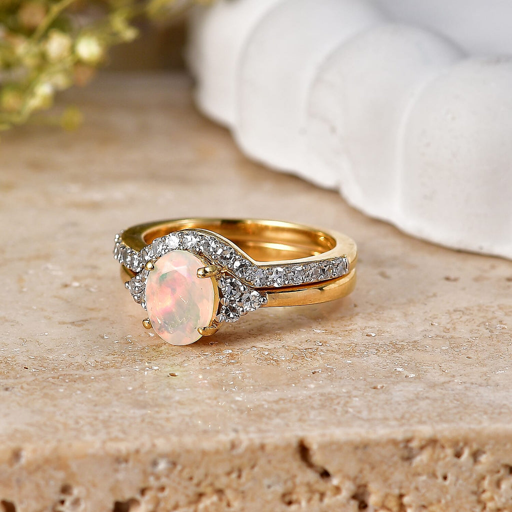 Set of 2 - Luxuriant Ethiopian Opal & Lab Grown Diamond (SI/G-H) Ring in 18K Vermeil Yellow Gold Plated Sterling Silver 1.25 Ct._4475131_2