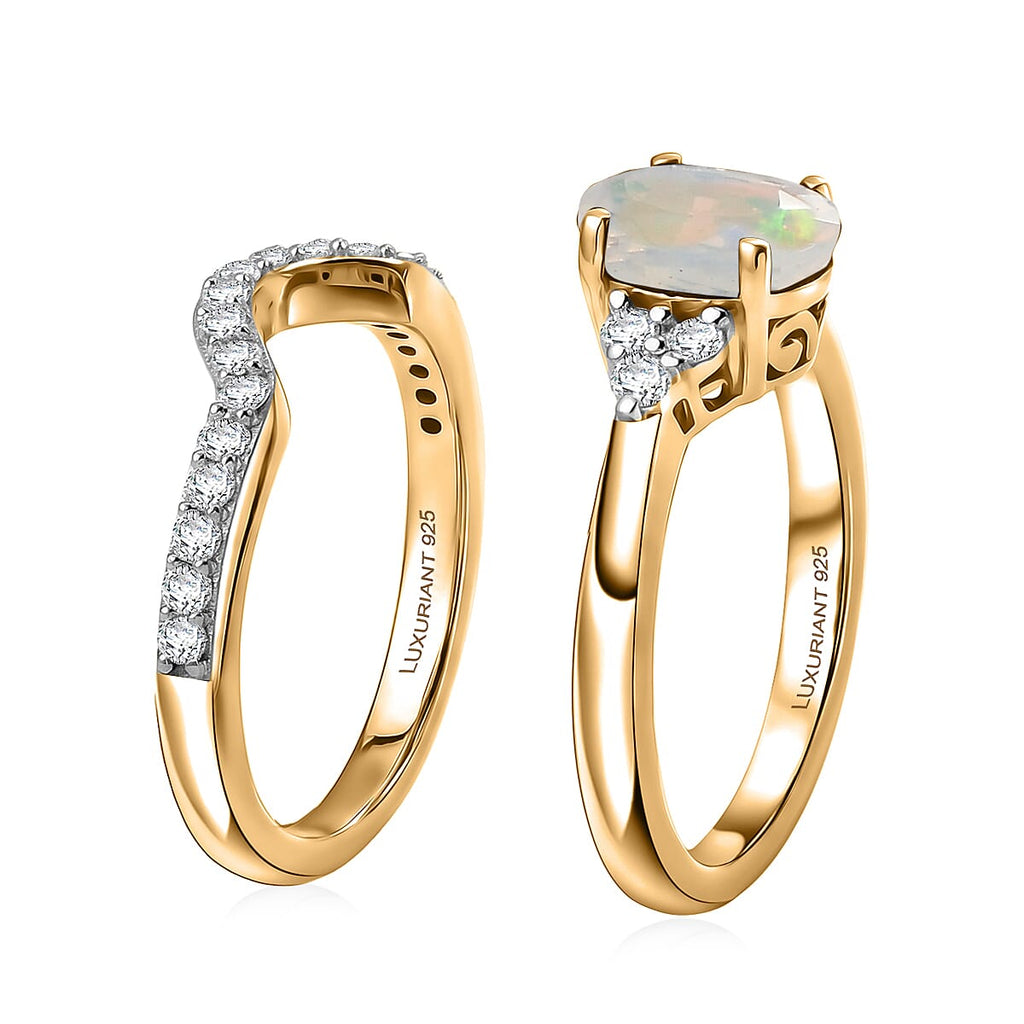 Set of 2 - Luxuriant Ethiopian Opal & Lab Grown Diamond (SI/G-H) Ring in 18K Vermeil Yellow Gold Plated Sterling Silver 1.25 Ct._4475131_4