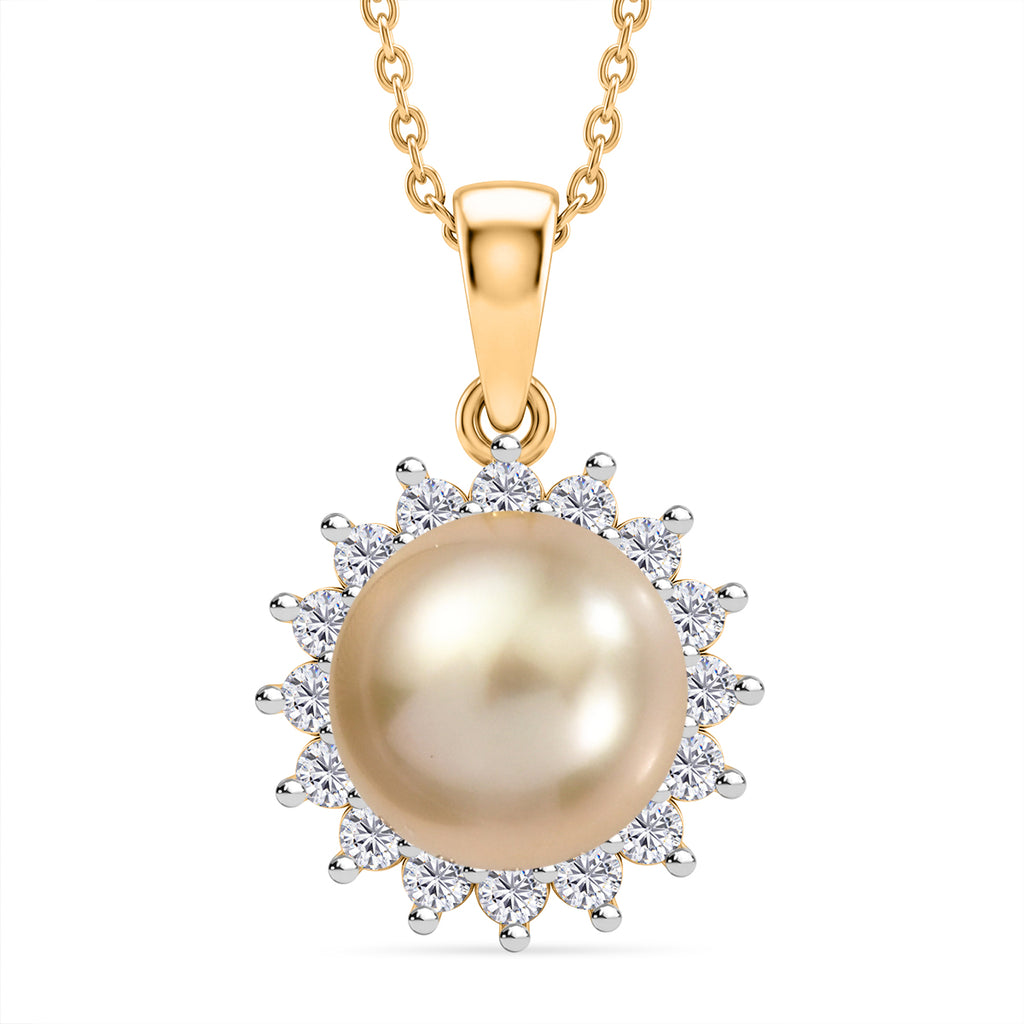 Luxuriant - AAA Golden South Sea Pearl (9-11mm) & Lab Grown Diamond (0.58ct) (SI/G-H) Halo Pendant with Chain (Size 20) in 18K Vermeil Yellow Gold Plated Sterling Silver_4475165