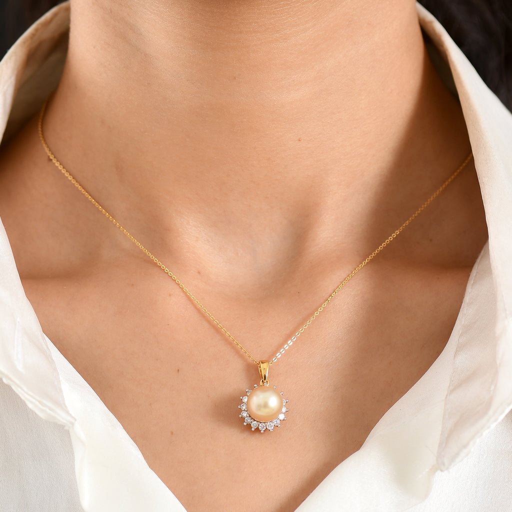 Luxuriant - AAA Golden South Sea Pearl (9-11mm) & Lab Grown Diamond (0.58ct) (SI/G-H) Halo Pendant with Chain (Size 20) in 18K Vermeil Yellow Gold Plated Sterling Silver_4475165_1