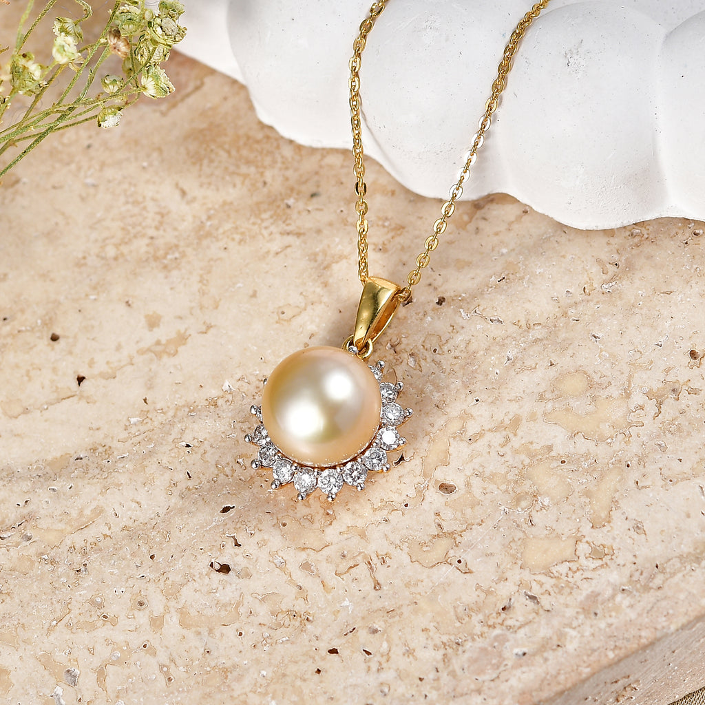 Luxuriant - AAA Golden South Sea Pearl (9-11mm) & Lab Grown Diamond (0.58ct) (SI/G-H) Halo Pendant with Chain (Size 20) in 18K Vermeil Yellow Gold Plated Sterling Silver_4475165_2