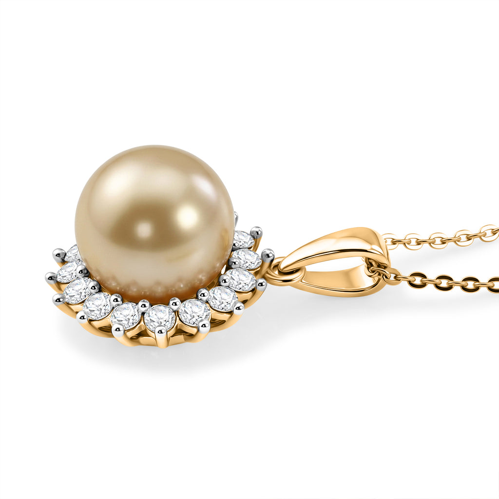 Luxuriant - AAA Golden South Sea Pearl (9-11mm) & Lab Grown Diamond (0.58ct) (SI/G-H) Halo Pendant with Chain (Size 20) in 18K Vermeil Yellow Gold Plated Sterling Silver_4475165_3