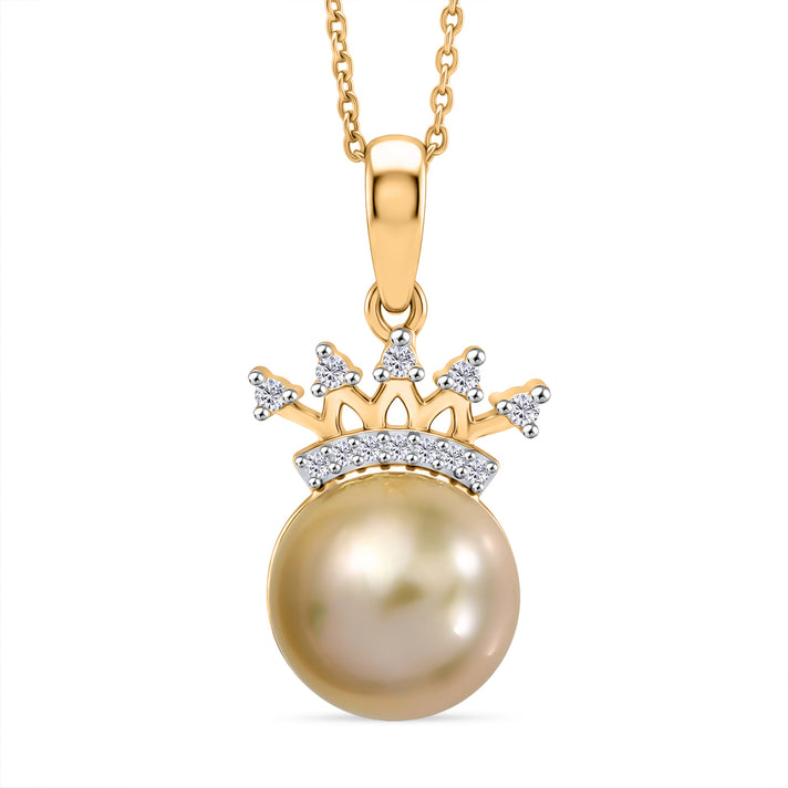 Luxuriant - AAA Golden South Sea Pearl (10-11mm) &amp; Lab Grown Diamond (SI-G-H) Crown Pendant with Chain (Size 20) in 18K Vermeil Yellow Gold Plated Sterling Silver 4475193 1